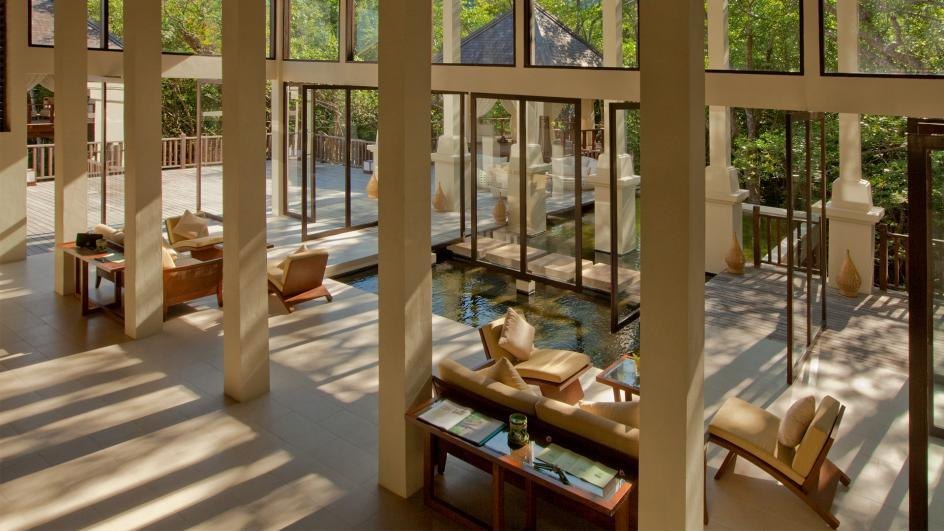 Open timber lounge pavilion at Gaya Island Resort
