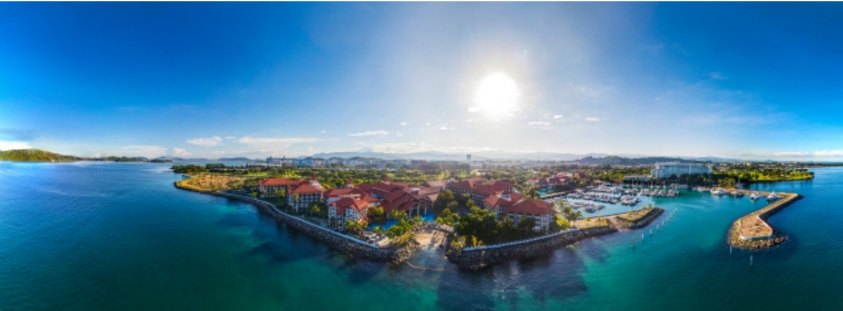 Aerial panorama of the Sutera Harbour marina and resort seen from the sea
